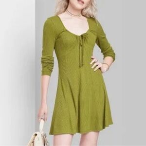 Wild Fable Olive Green Long-Sleeve Tie-Front Skater Dress Size Medium